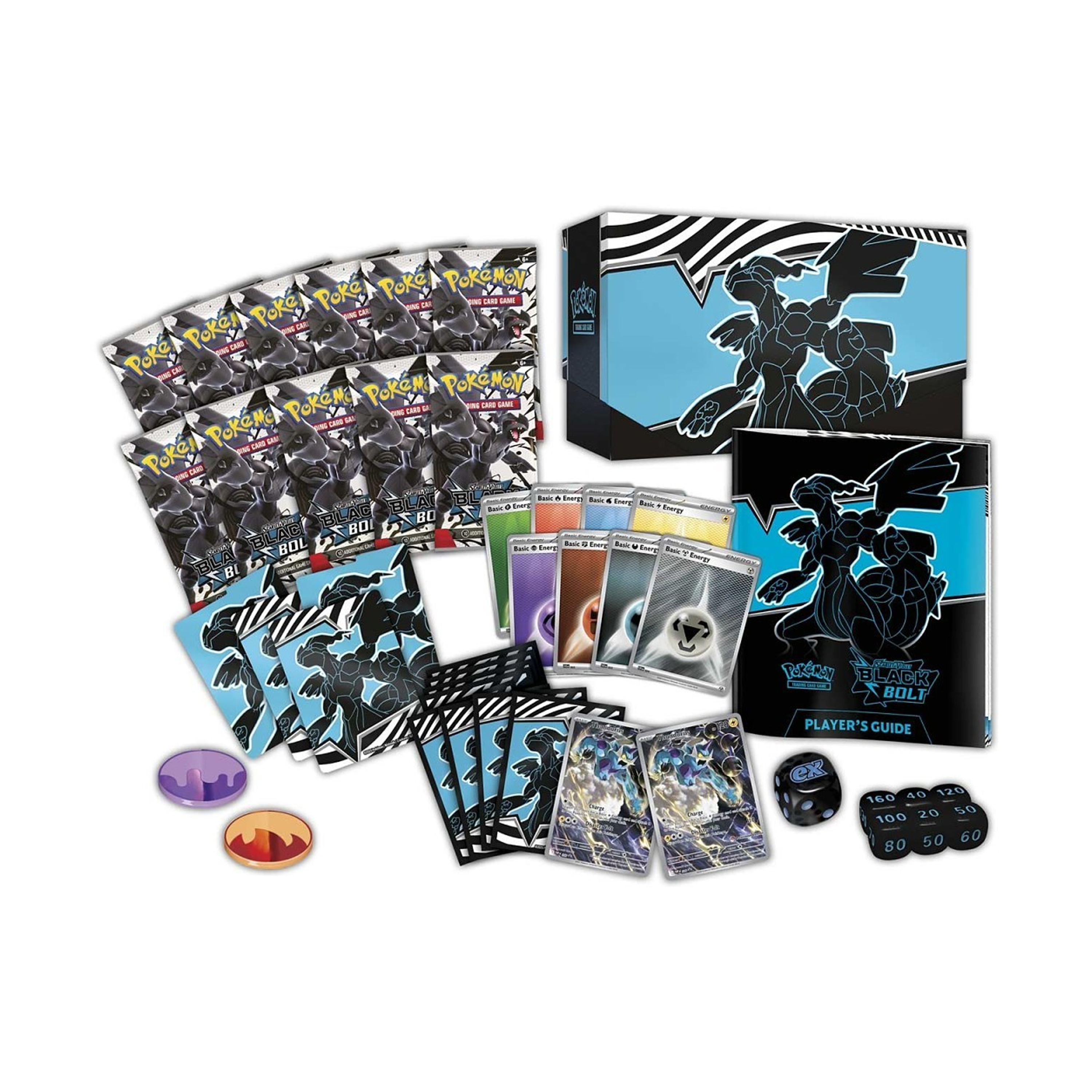 Collection of trading cards, packaging, and game components on a white background