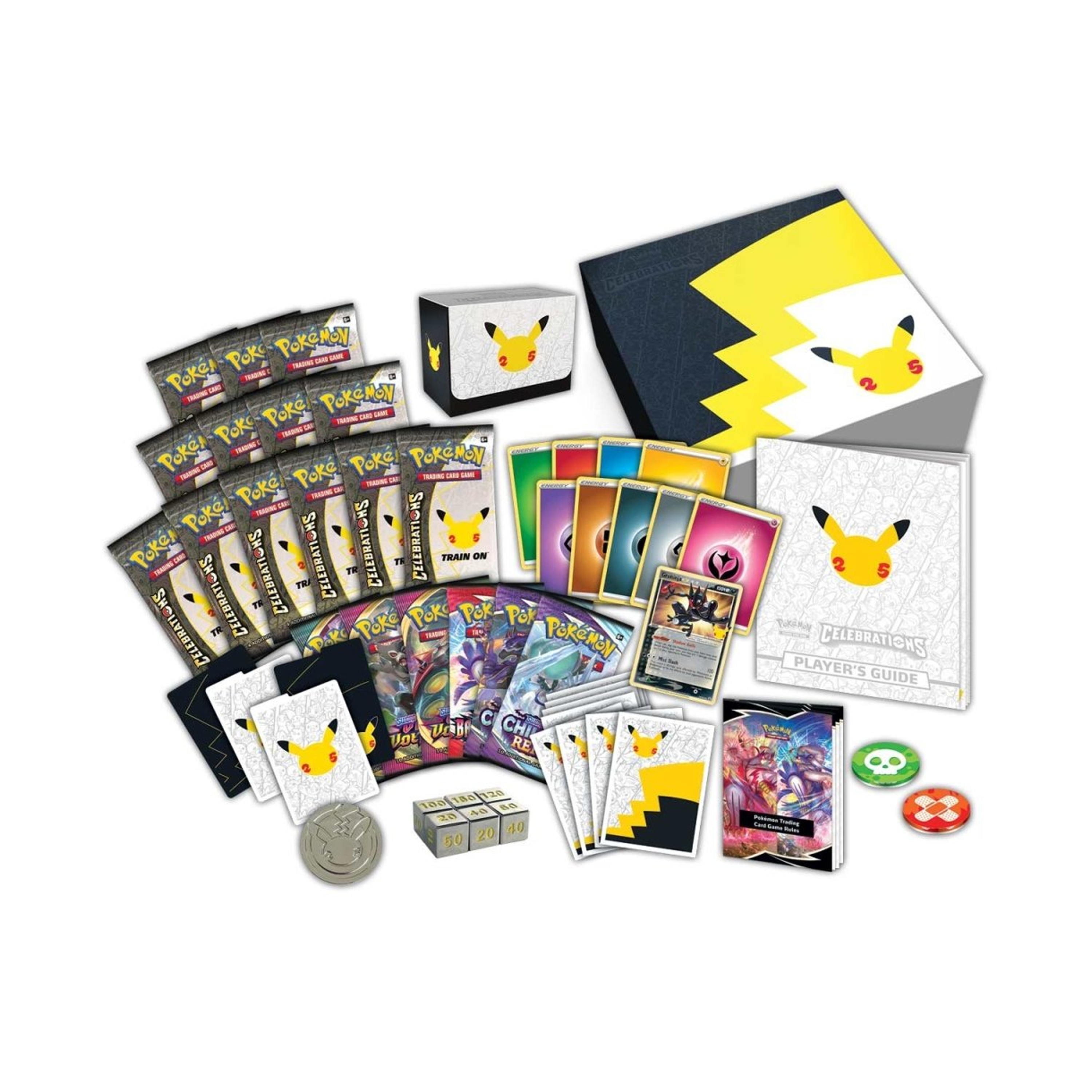 Collection of Pokémon trading cards and packaging on a white background 25th anniversary edition trainer elite box