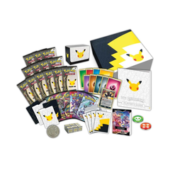 Collection of Pokémon trading cards and packaging on a white background 25th anniversary edition trainer elite box
