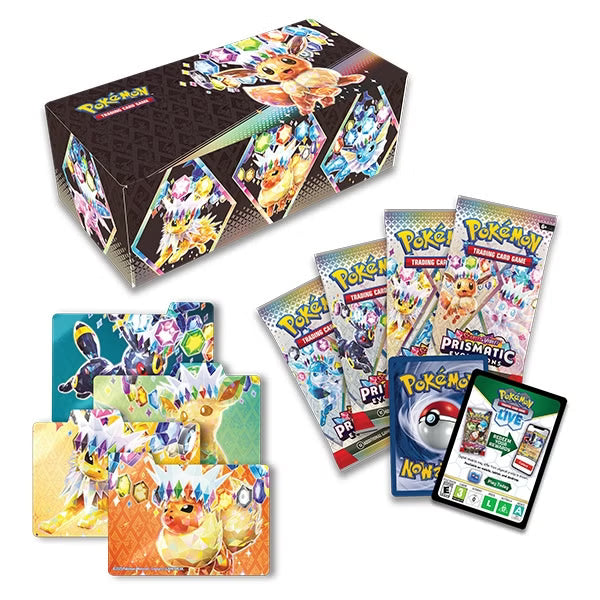 n trading cards and packaging on a white background surprise box prismatic evolutions