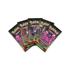 Five packs of Pokémon trading cards on a white background shrouded fable