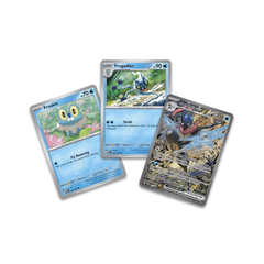 Four trading cards featuring different characters on a white background