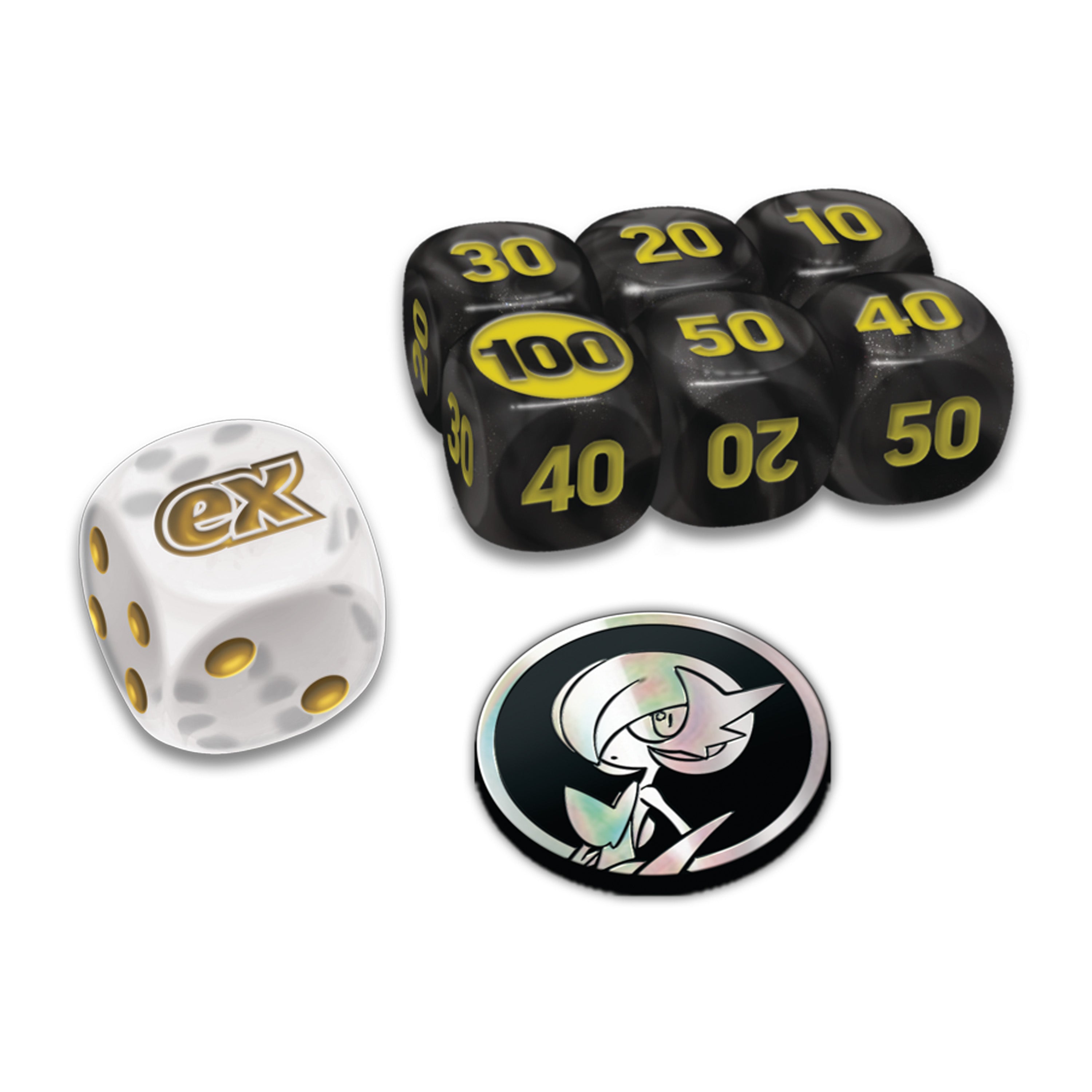 Set of dice with different numbers and a logo on a white background