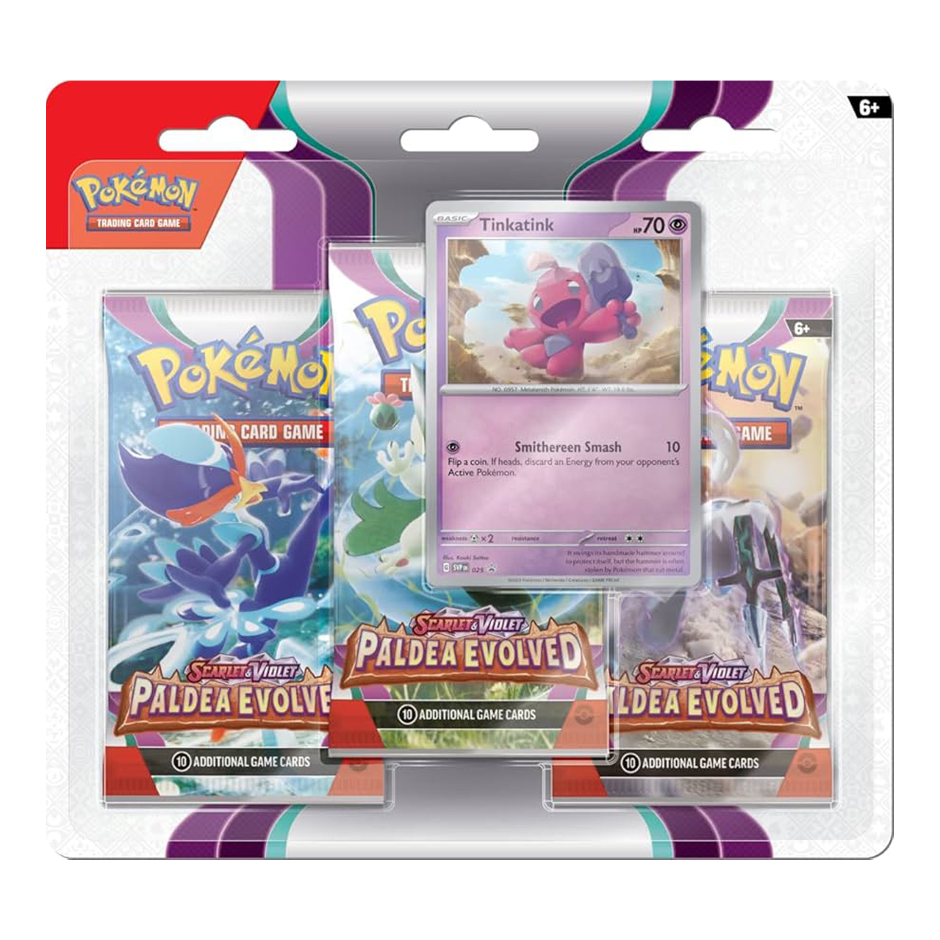 Pokémon trading card game packs with Tinkatink card on a white background