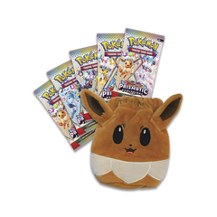 Plush Eevee toy with four Pokemon trading card packs on a white background