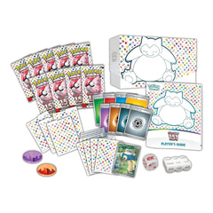Pokémon trading card game set with cards, a player's guide, and dice on a white background