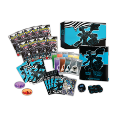 Pokémon trading card game set with cards, a box, and dice on a white background