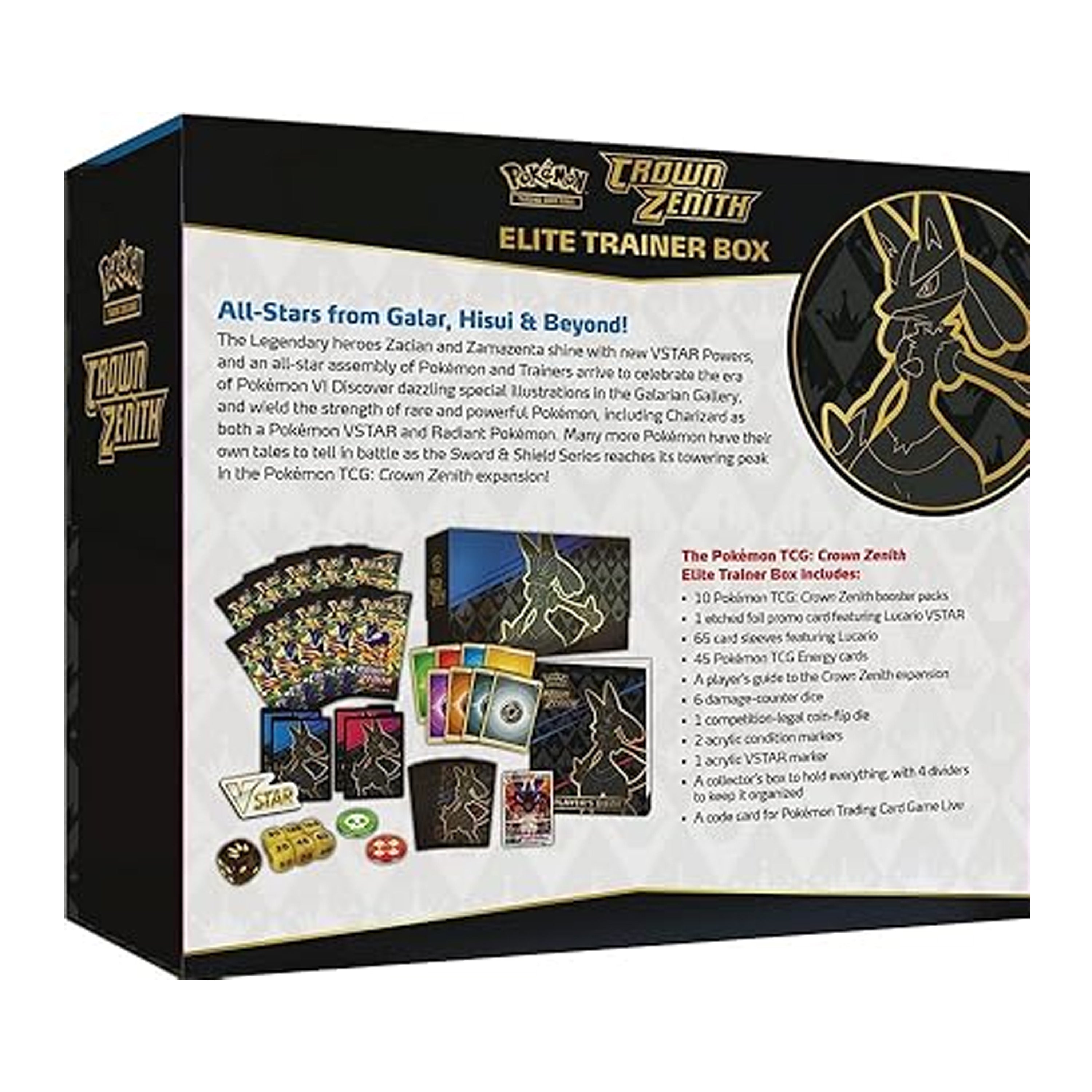 Pokémon Crown Zenith Elite Trainer Box packaging with text and images of cards and accessories.