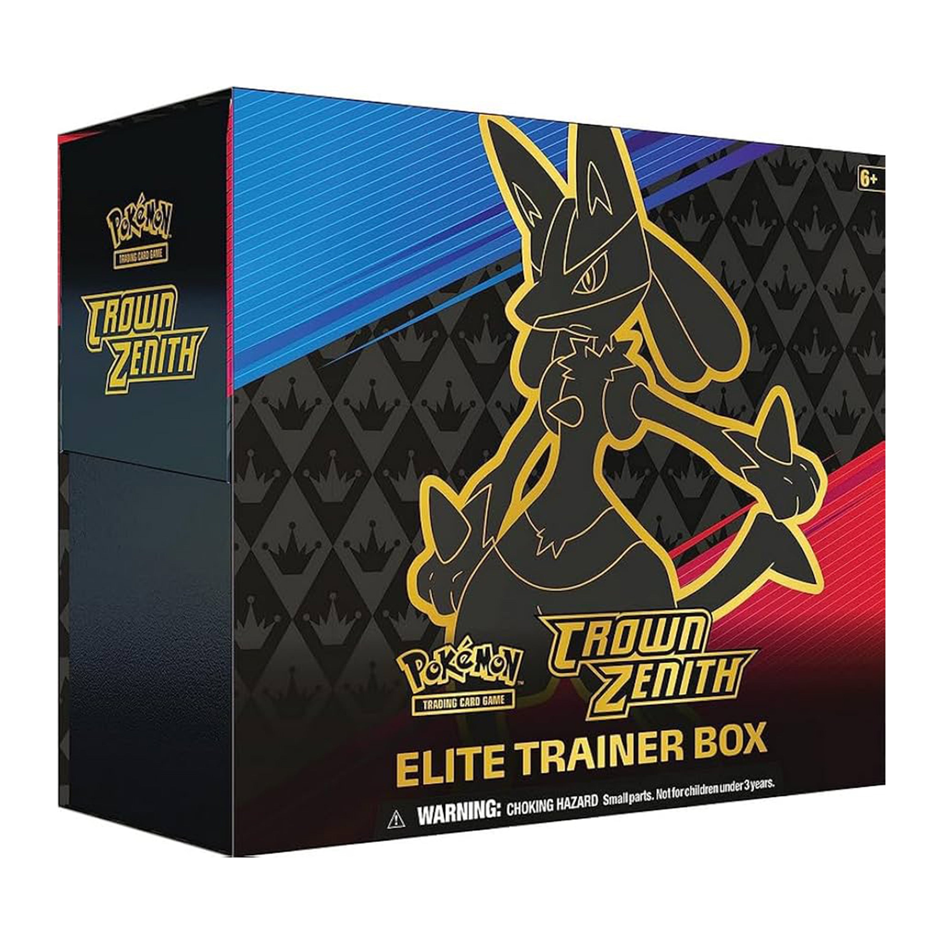 Pokémon Crown Zenith Elite Trainer Box with character design on a black and blue box.