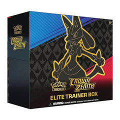 Pokémon Crown Zenith Elite Trainer Box with character design on a black and blue box.
