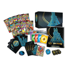 Pokémon trading card game set with cards, guidebook, and dice on a white background