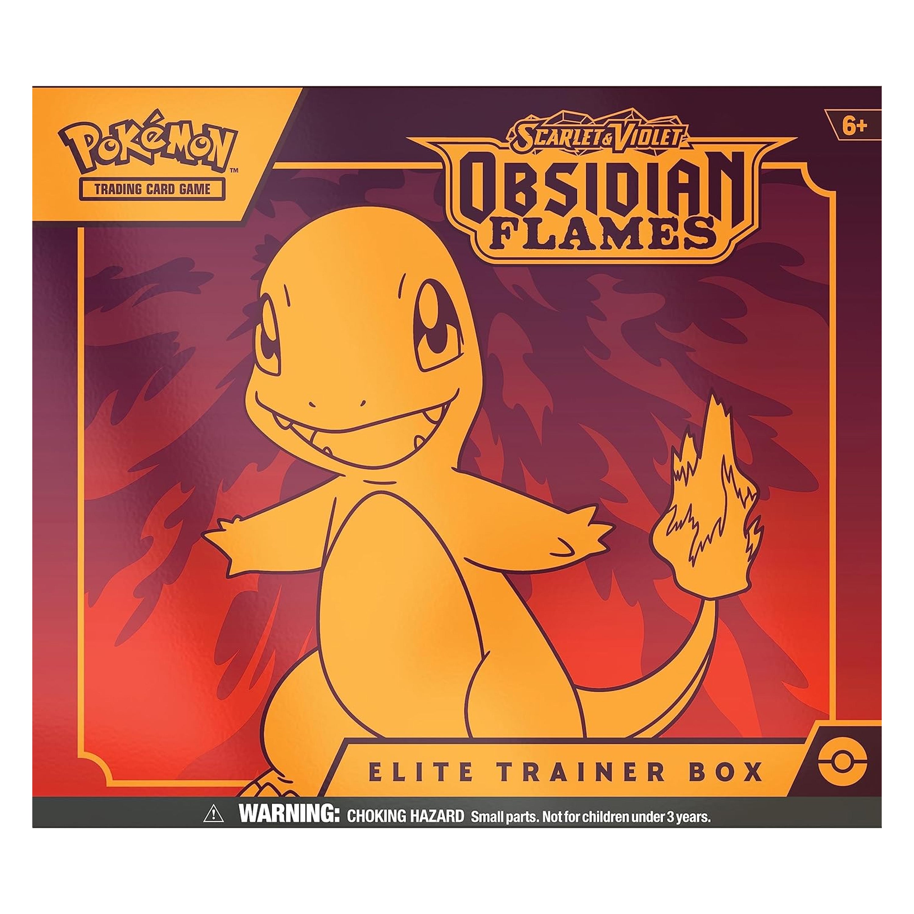 Pokémon Obsidian Flames Elite Trainer Box packaging with Charmander on a red and purple background.