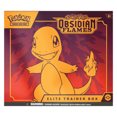 Pokémon Obsidian Flames Elite Trainer Box packaging with Charmander on a red and purple background.