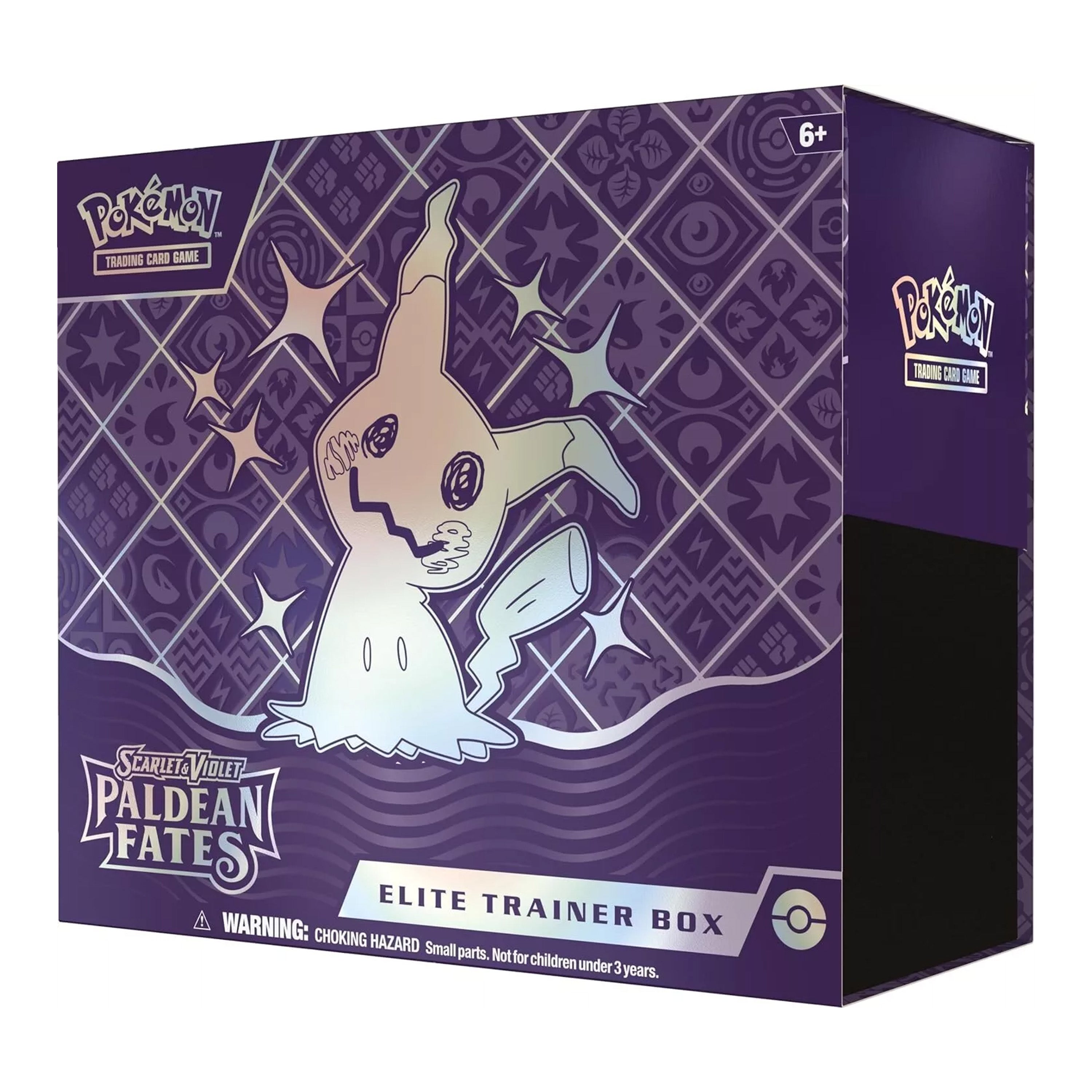 Pokémon Paldean Fates Elite Trainer Box packaging with a purple and white design.