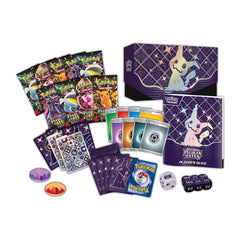 Pokémon Paldean Fates game set with cards, dice, and guidebook on a white background