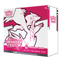 Pokémon Elite Trainer Box with White Flare design on a pink and white background