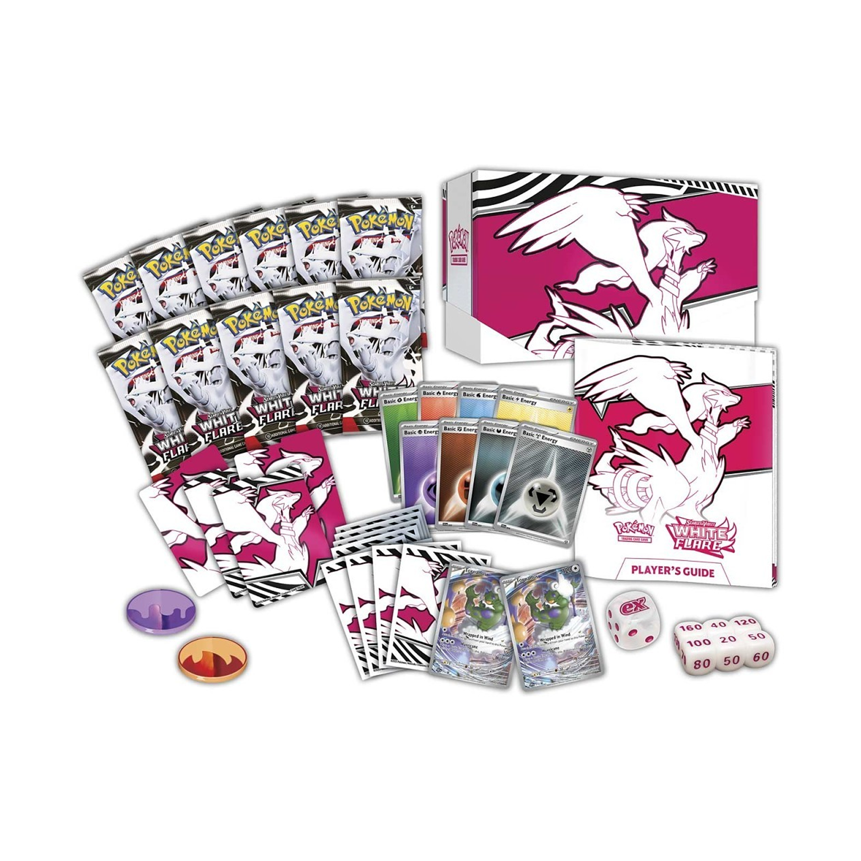 trading card game set with cards, guidebook, and dice on a white background