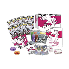 trading card game set with cards, guidebook, and dice on a white background