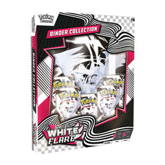 Pokémon trading card binder collection with white flare design on a white background

