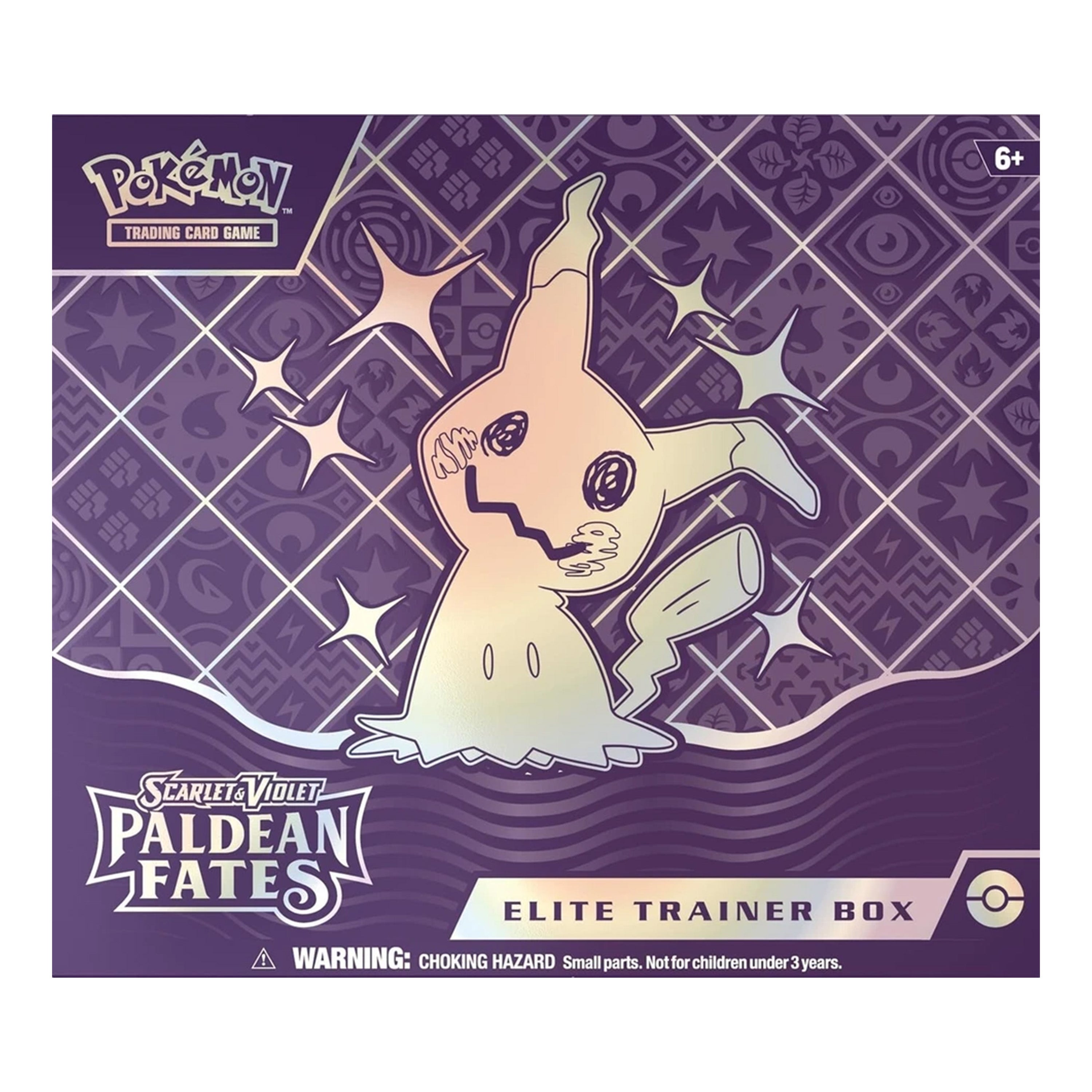 Pokémon trading card game Elite Trainer Box packaging with a ghost-themed character on a purple background.