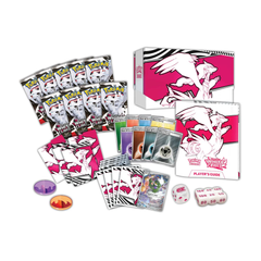 Pokémon trading card game set with cards, dice, and guide on a white background