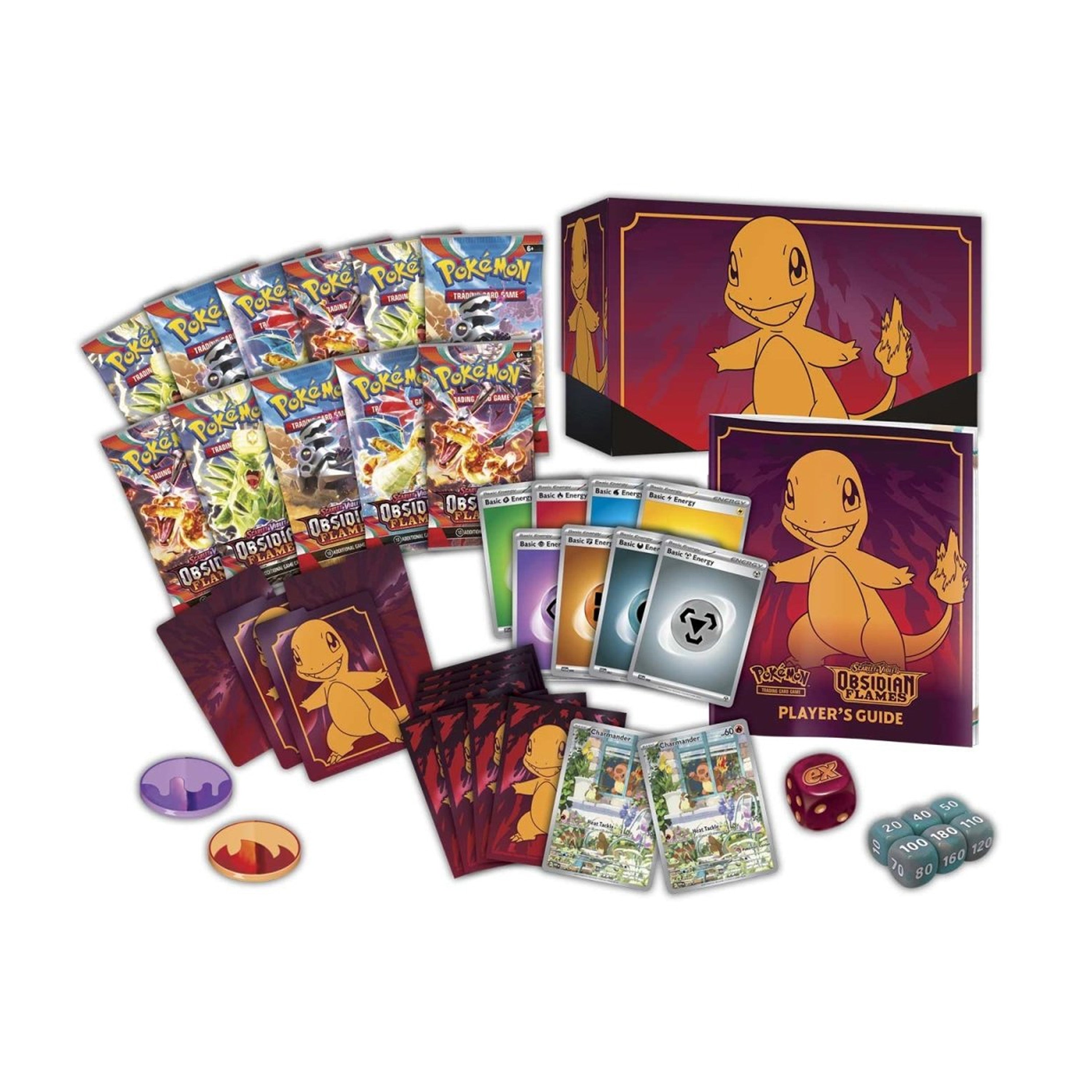 Pokémon trading card game items including cards, a player's guide, and dice on a white background