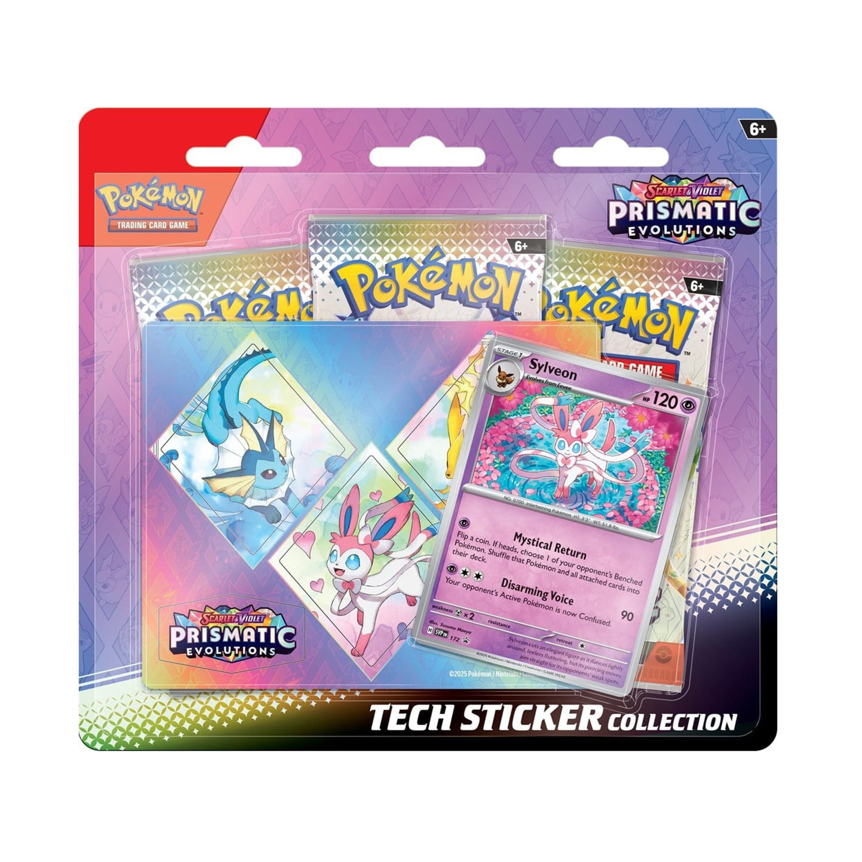 Pokémon trading card game pack with colorful cards and Prismatic Evolutions branding.

