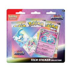 Pokémon trading card game pack with colorful cards and Prismatic Evolutions branding.

