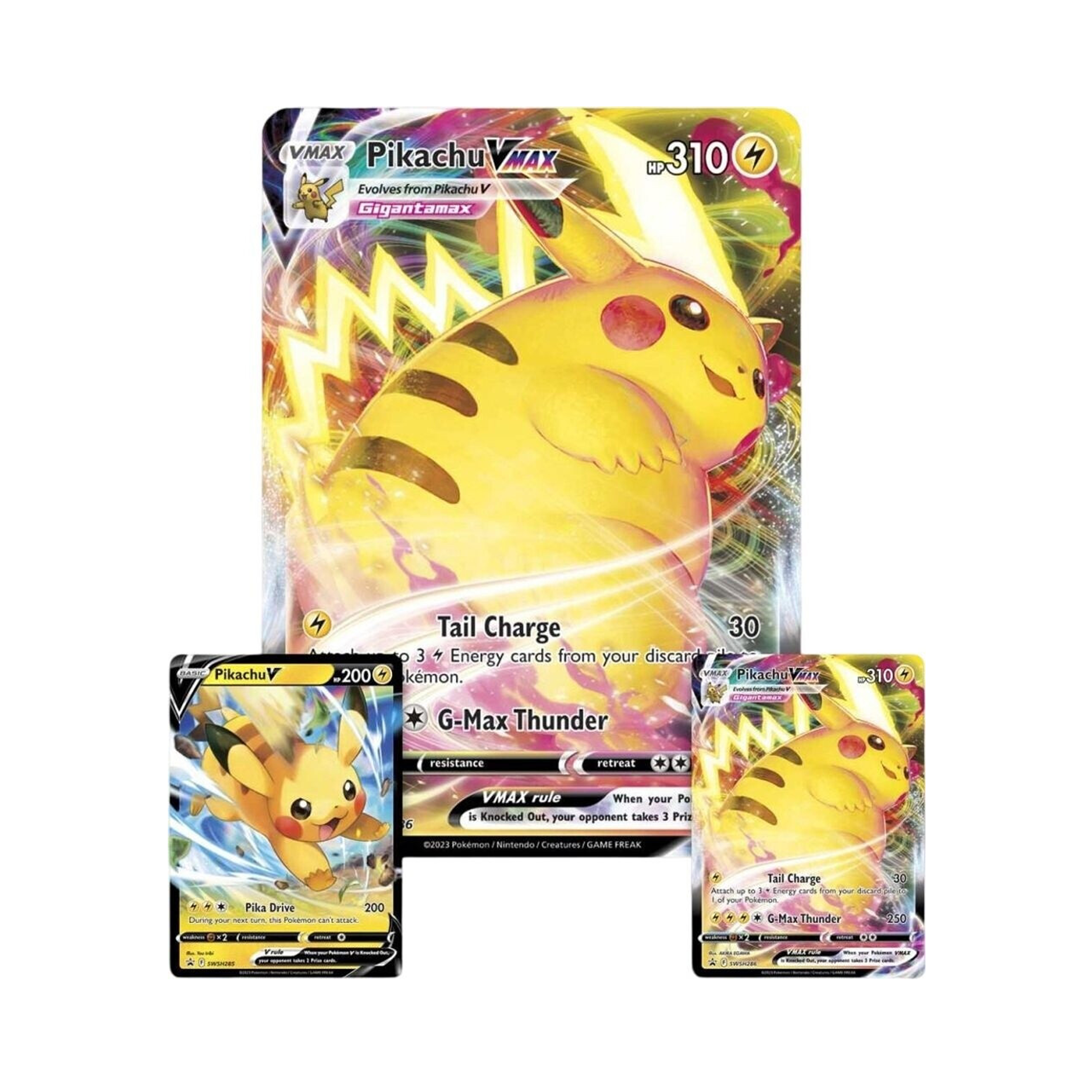 Pokémon trading cards featuring Pikachu VMAX on a white background