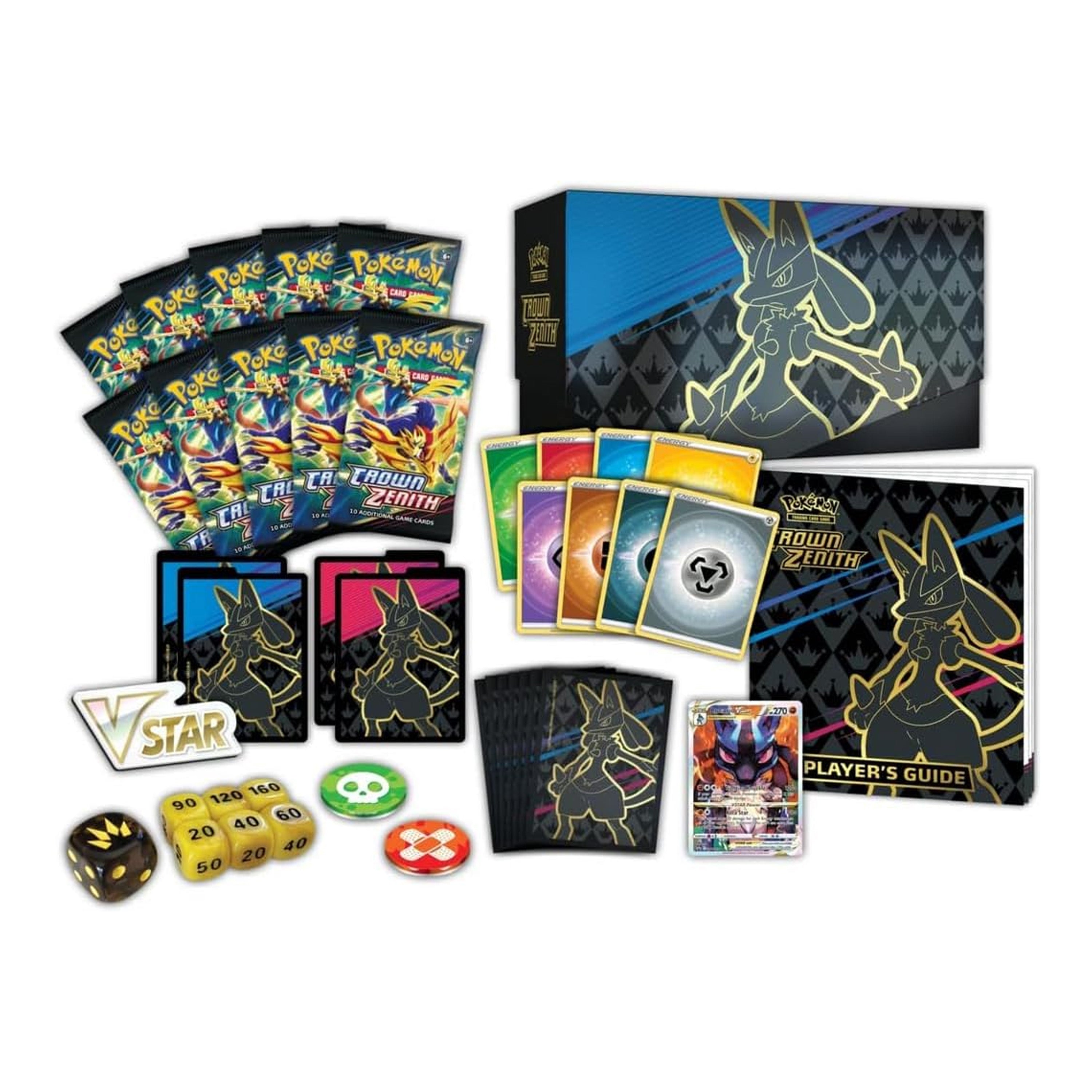 Collection of trading cards, dice, and a player's guide with a prominent 'Star' logo on a white background.