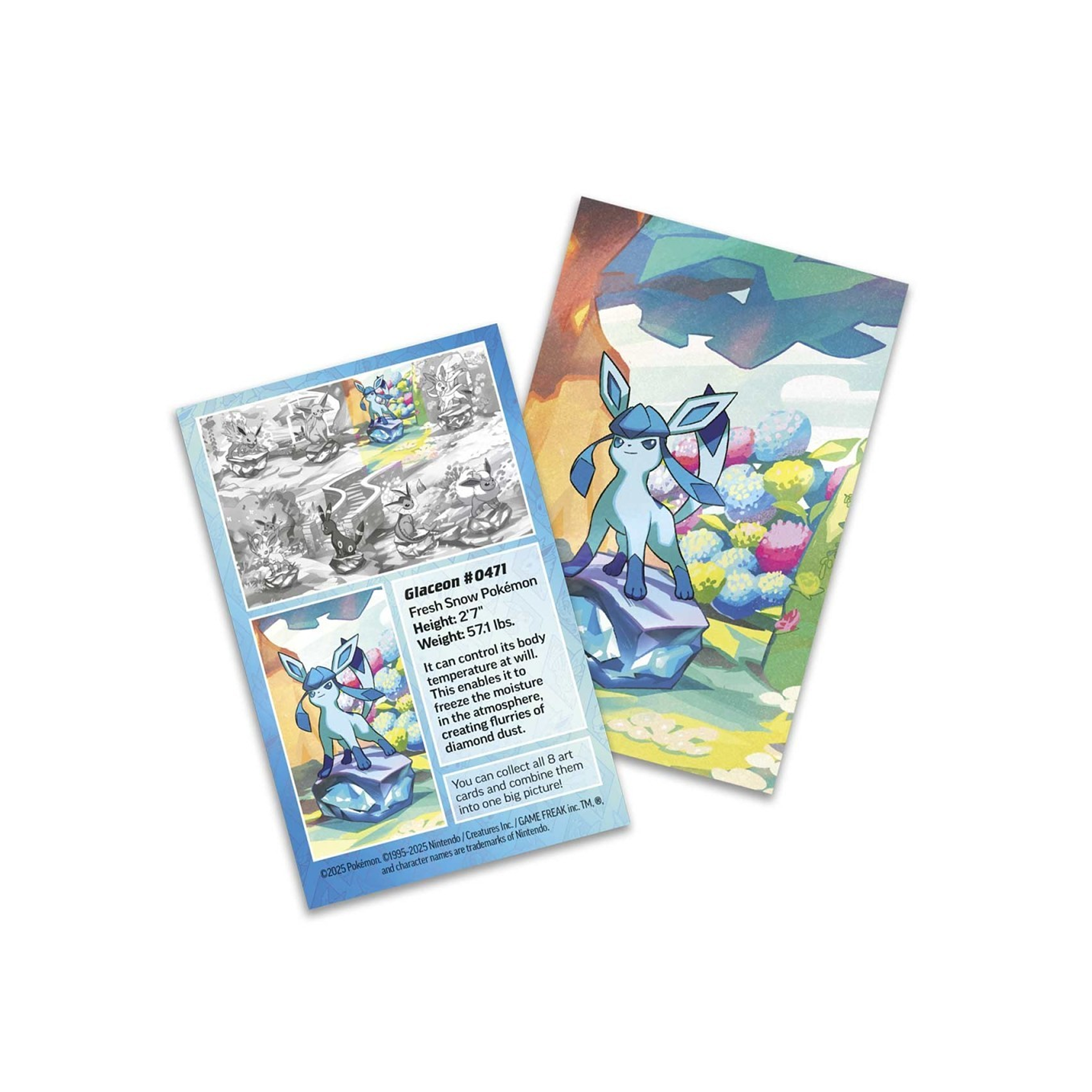 Two trading cards featuring a glaceon character on a white background