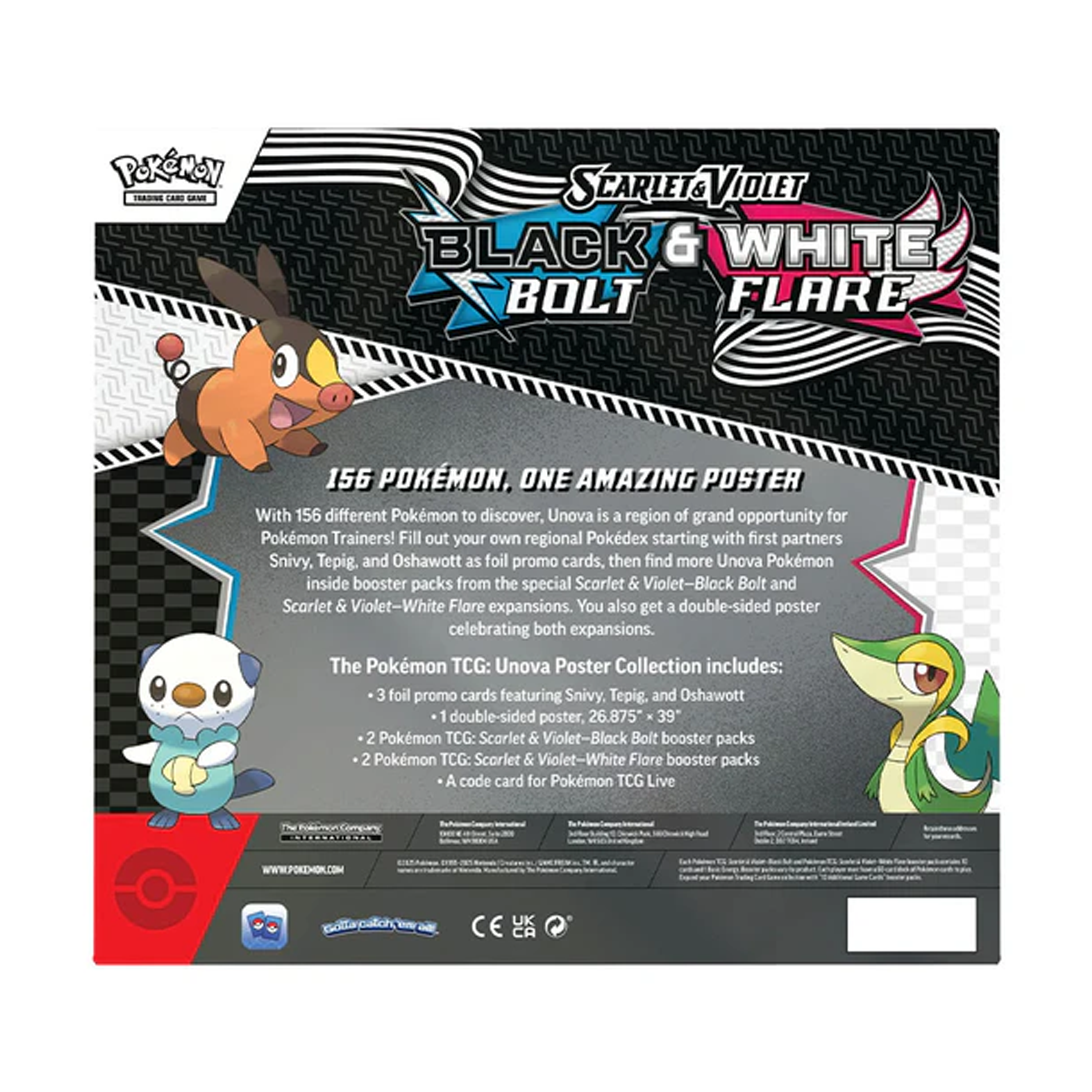 Pokémon Scarlet & Violet Black & White Bolt Flare packaging with illustrations and text.

