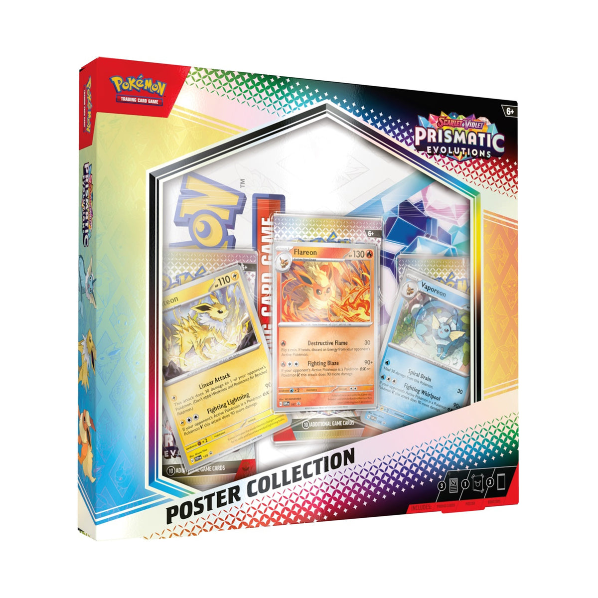 Pokémon Prismatic Evolutions poster collection packaging with cards displayed.

