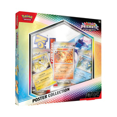 Pokémon Prismatic Evolutions poster collection packaging with cards displayed.

