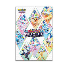 Pokémon Prismatic Evolutions trading card game binder with colorful designs on a white background