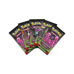 Five packs of Pokémon trading cards on a white background